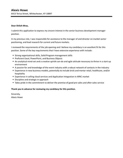 Senior Business Development Manager Cover Letter Velvet Jobs