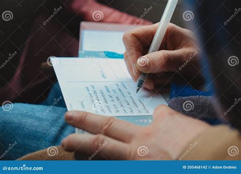 Hand Of Person Writing Postcard Stock Photo Image Of Lighting Person