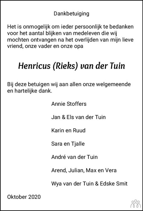 Henricus Rieks Van Der Tuin Overlijdensbericht En