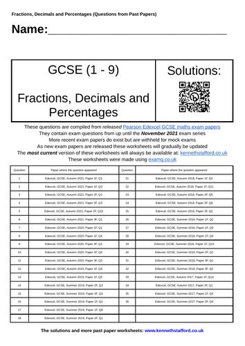 Fractions Decimals And Percentages Gcse Maths Past Paper Questions Teaching Resources