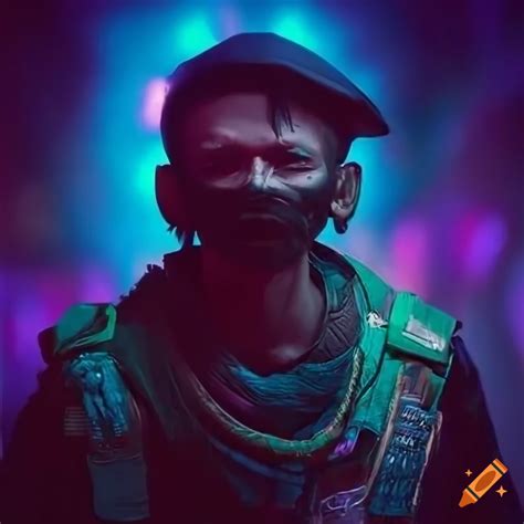 Man in colorful cyberpunk clothing in a dystopian cavern