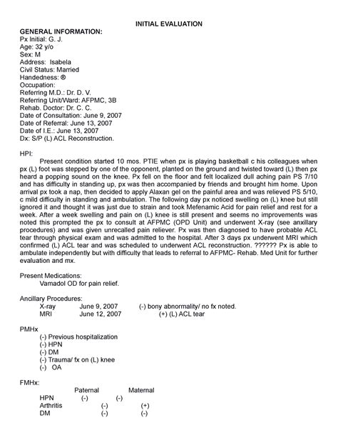 Acl Initial Evaluation General Information Px Initial G J Age 32 Y O Sex M Address