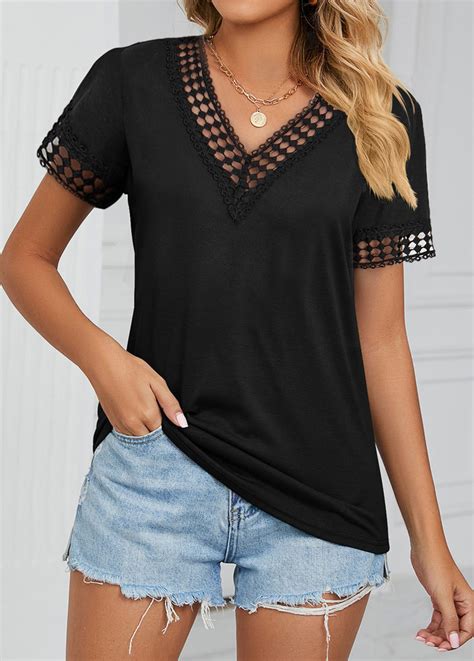 Rotita Patchwork Black V Neck Short Sleeve T Shirt Rotita Usd