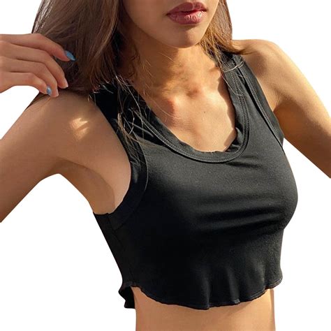 Womens Vest Crop Sleeveless Tops Camisole Neck Solid Vest Round Tank Tanks And Camis Female