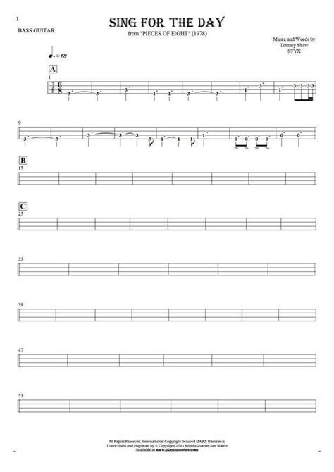 Sing For The Day Tablature Rhythm Values For Bass Guitar Playyournotes Bass Guitar