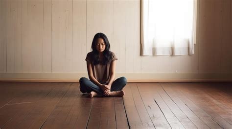 Premium Ai Image Unhappy Woman Touching Hair Sitting On Floor At Home