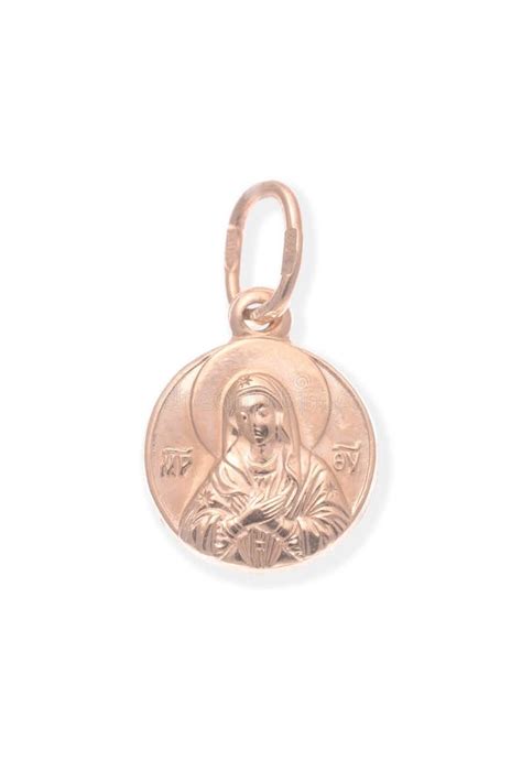 Gold Medallion With The Virgin Mary Isolated On White Stock Photo