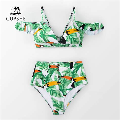 CUPSHE Sexy Green Leaves And Parrots Off Shoulder Bikini Sets 2019