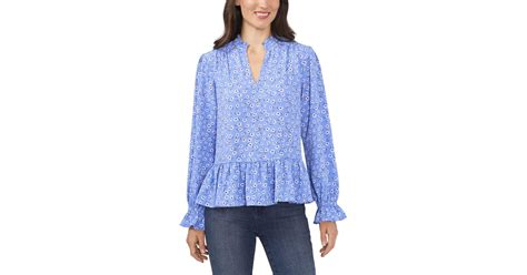 Cece Synthetic Long Sleeve Brooke Ditsy V Neck Tiered Top In Blue Lyst