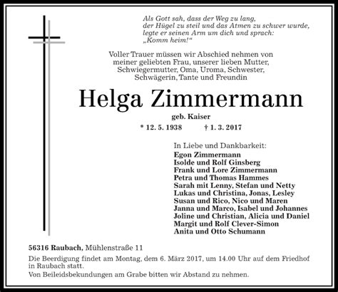 Traueranzeigen Von Helga Zimmermann Rz Trauer De