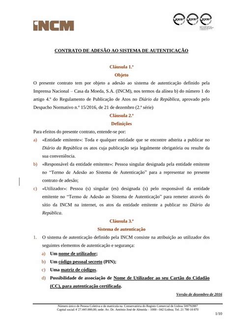 Pdf Contrato De Ades O Ao Sistema De Autentica O Incm Pt N Mero