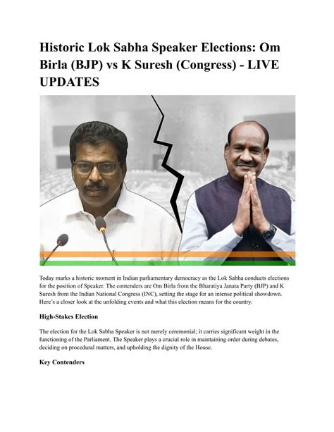 PPT Lok Sabha Speaker Elections Om Birla Of BJP VS K Suresh Of