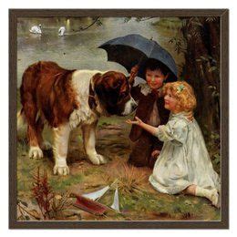 Холст 50×50 "Мальчик и девочка с собакой" - собака, маме, живопись ...