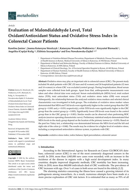 Pdf Evaluation Of Malondialdehyde Level Total Oxidantantioxidant