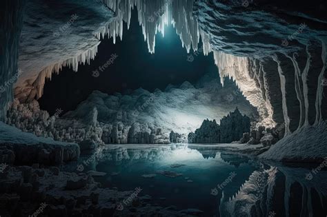 Premium Photo A Frozen Underground Lake In A Cavern With Stalactites