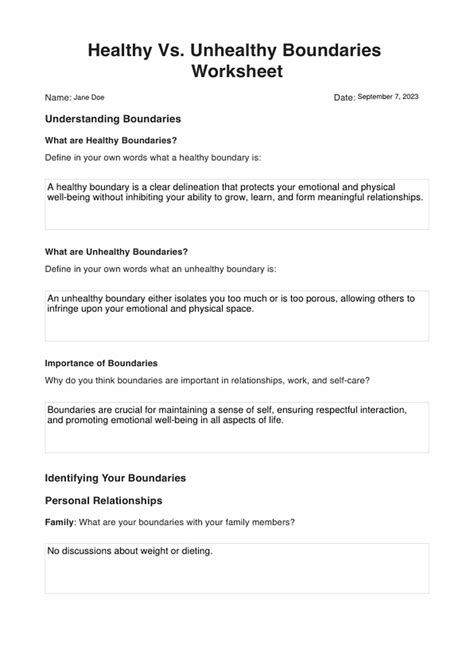 Healthy Vs Unhealthy Boundaries Worksheet And Example Free Pdf Download