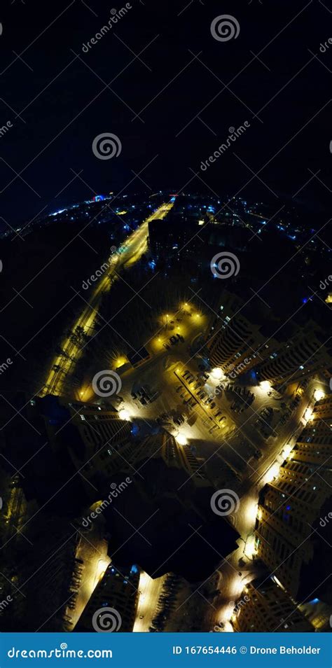 Drone Over Night City. Panorama 360 Stock Photo - Image of fisheye ...