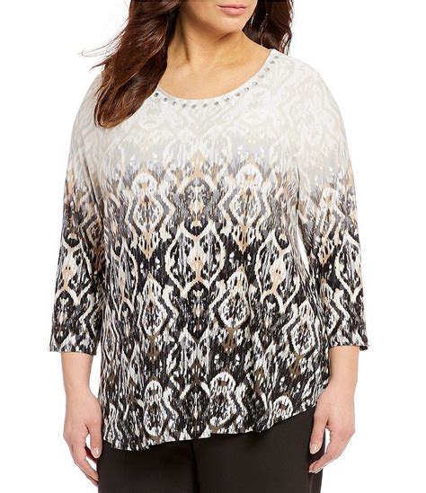 Ruby Rd Embellished Scoop Neck Ombre Motif Ikat Border Print Knit Top