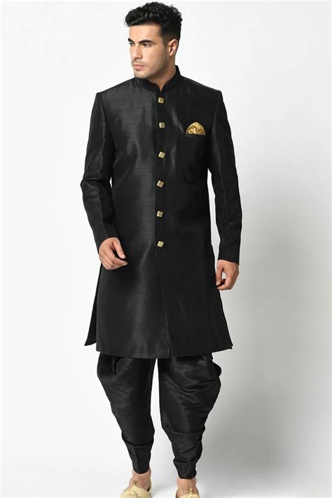 Solid Color Dupion Silk Sherwani In Black Ucchal Fashion