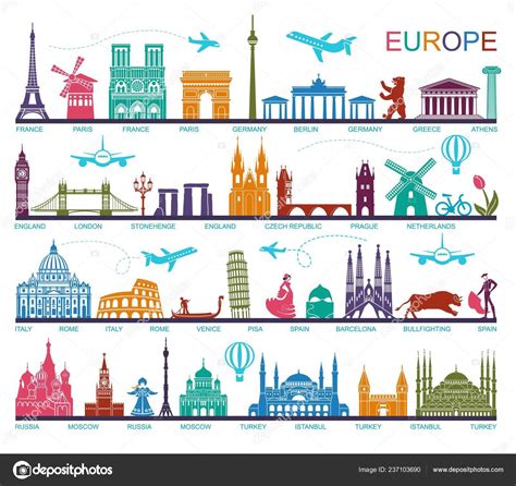 Collection Of Europe Detailed Silhouettes Set Travel Landmarks Vector