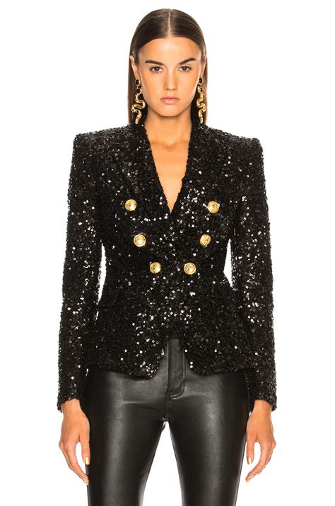 Balmain Sequin Double Breasted Blazer In Black Fwrd