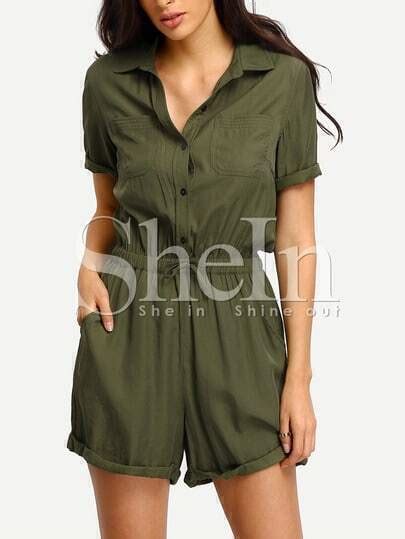 Army Green Rolled Up Tie Waist Jumpsuit Shein Sheinside