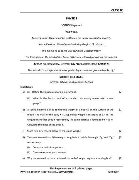 Icse Class 9 Specimen Paper For Physics