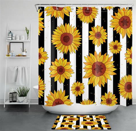 Chic Farmhouse Sunflower Shower Curtain With Black And White Stripes