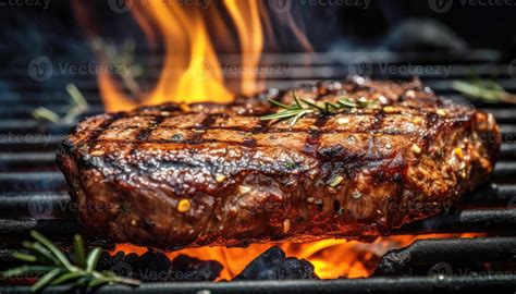 Close Up Of Grilled Steak On The Grill With Flame In Dark Black