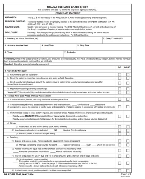 Da Form 7742 Trauma Scenario Grade Sheet