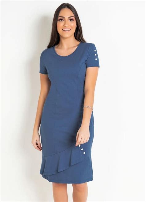 Rosalie Vestido Moda Evangélica Azul Botões Moda evangelica