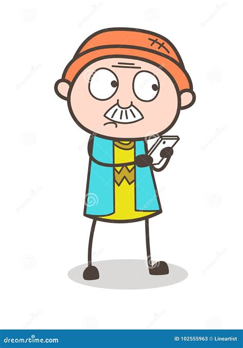 Cartoon Old Uncle Chatting On Mobile Vector Illustration Stock