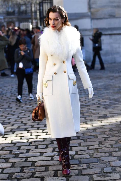 Bella Hadid In A White Coat Arrives At 2020 Lanvin Fashion Show In