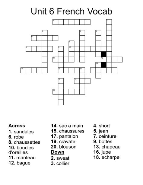 Unit 6 French Vocab Crossword Wordmint