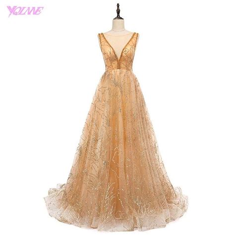 Yqlnne Golden Shining Evening Dresses Illusion Tulle V Back Zipper