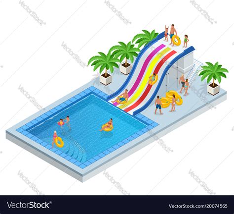 Isometric Aqua Park With Water Slides Water Pool Vector Image