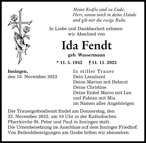 Traueranzeigen Von Ida Fendt Augsburger Allgemeine Zeitung