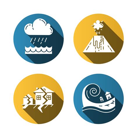 Natural Disaster Flat Design Long Shadow Glyph Icons Set Geological