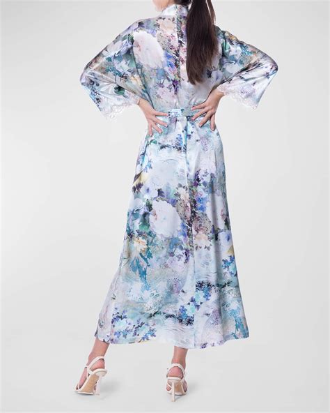Christine Lingerie Enchanted Lace Trim Floral Print Silk Robe Neiman Marcus