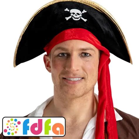 Wicked Black Gold Pirate Hat Red Bandana Adults Mens Unisex Fancy Dress