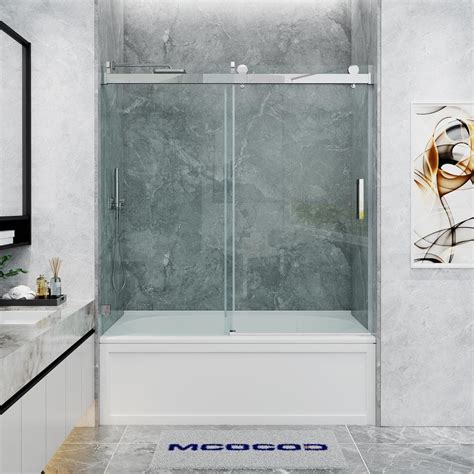 Mcocod 60 In W X 66 In H Single Sliding Frameless Soft Close Tub Door In Chrome With 38 In