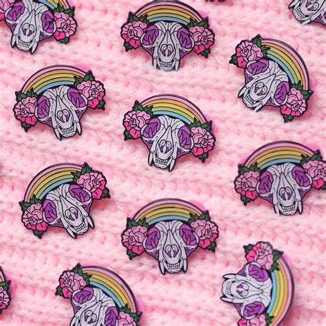 Cat Skull With Rainbow And Roses Enamel Pin Creepy Cute Pastel Goth