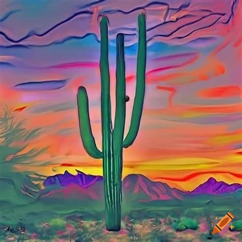 Colorful Desert Sunset Painting With Saguaro Cactus On Craiyon