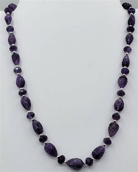 195 Ctw Amethyst Necklace Sterling Silver Carved Amethyst Beads 20 In