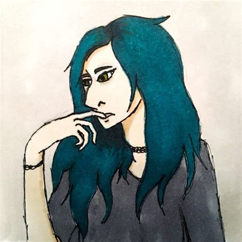 A Drawing Of A Woman With Blue Hair And Green Eyes Holding Her Hand To Her Mouth