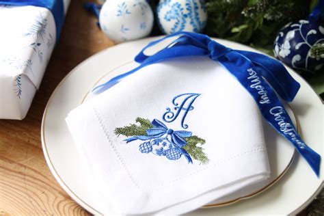 Blue And White Christmas Napkin LINEN Napkin Monogram Etsy UK