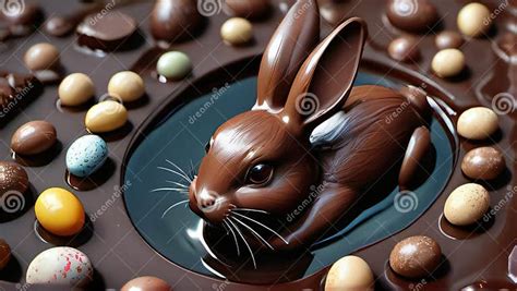 Photo Of Ultradetailed 3d Chocolate Easter Bunny Swimming In A Pool Of