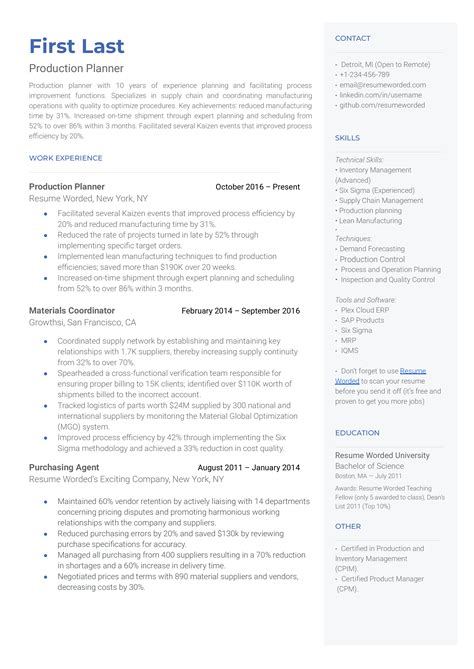 Supply Chain Planner Resume Examples For Resume Worded