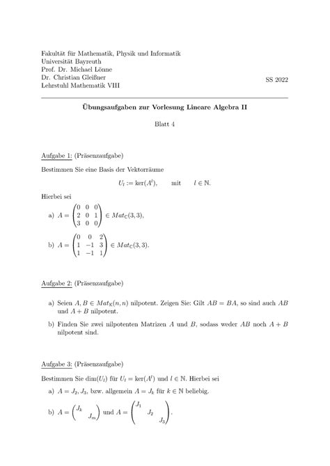 Blatt Lineare Algebra Ii Fakult At F Ur Mathematik Physik Und