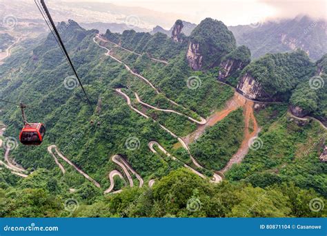 Cable Car With Winding And Curves Road In Tianmen Mountain Zhan Stock